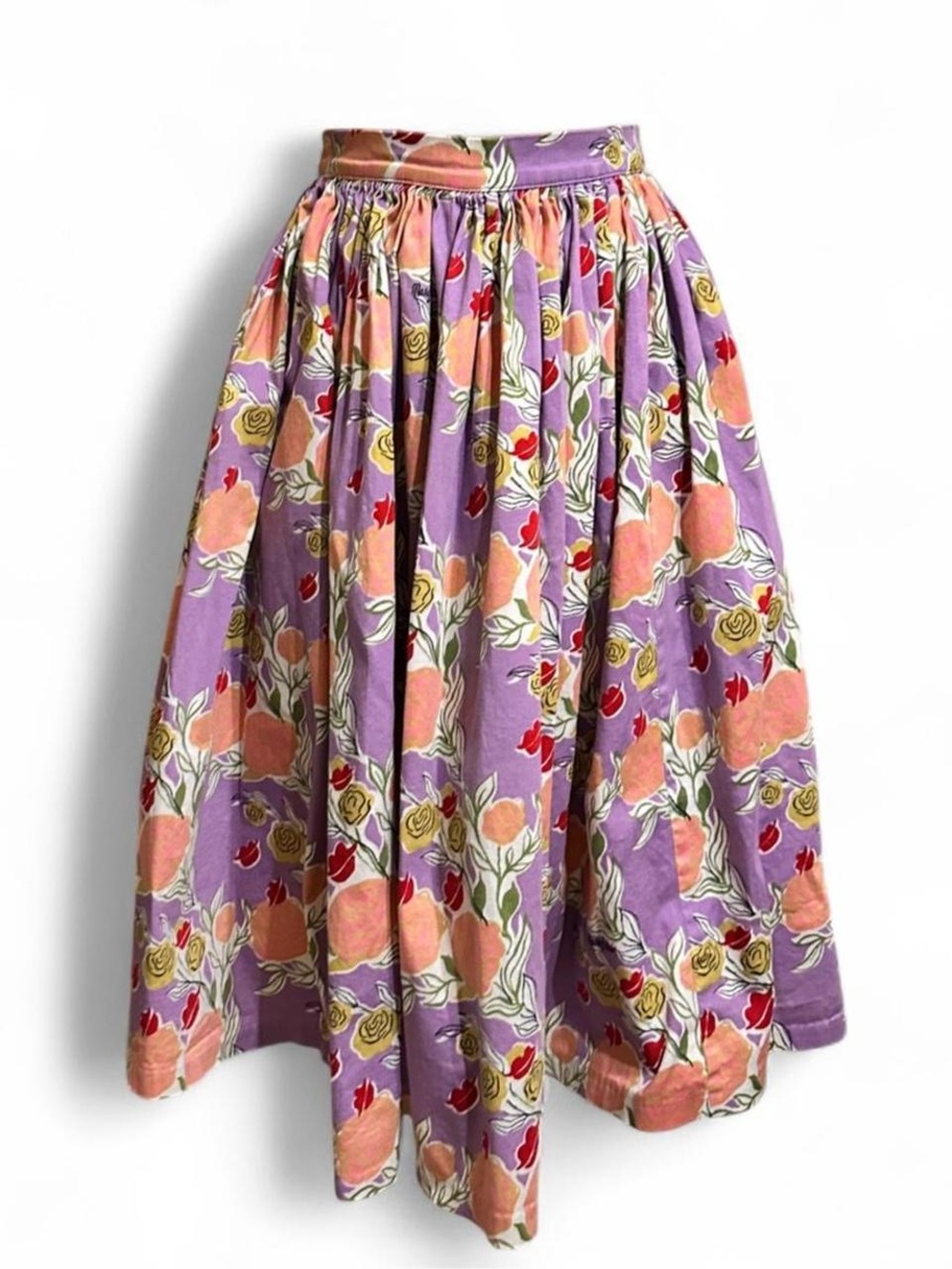 Mary Blair Pinup Couture Lavender Floral Gathered Midi Skirt with Peach Blooms